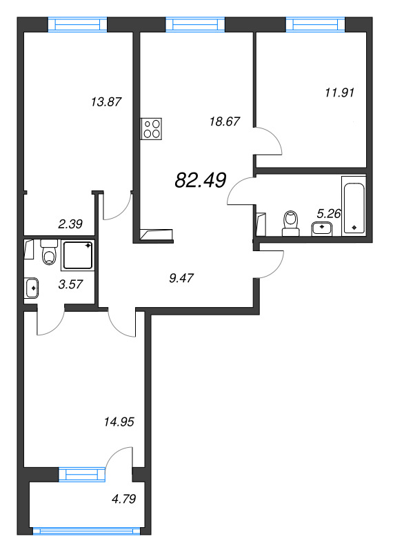 4-комнатная (Евро) квартира, 82.49 м² в ЖК "Энфилд" - планировка, фото №1