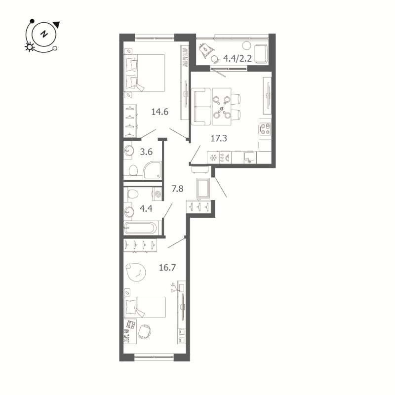 3-комнатная (Евро) квартира, 66.6 м² - планировка, фото №1