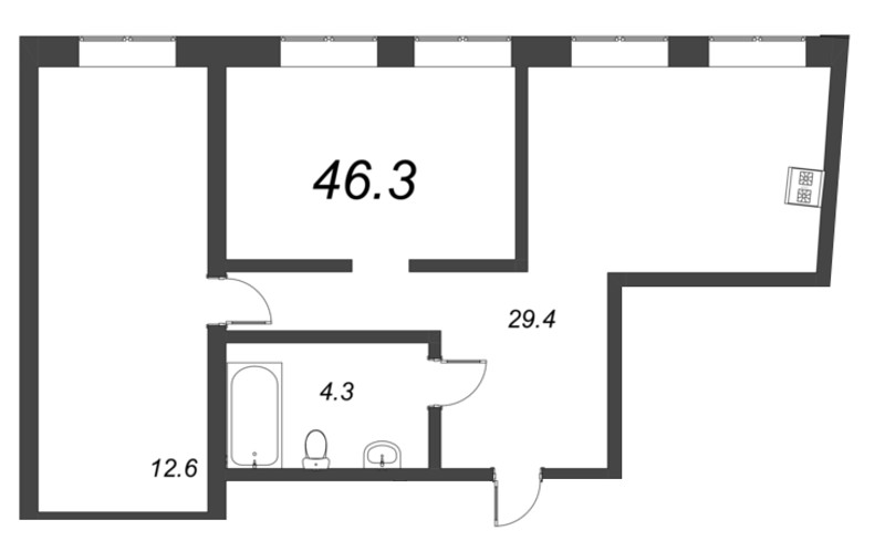 2-комнатная (Евро) квартира, 46.3 м² - планировка, фото №1
