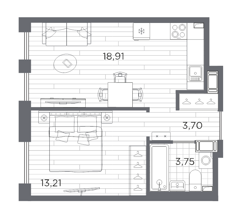 2-комнатная (Евро) квартира, 39.57 м² в ЖК "Сезоны" - планировка, фото №1