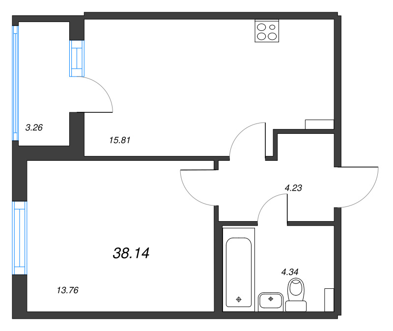 2-комнатная (Евро) квартира, 38.14 м² - планировка, фото №1
