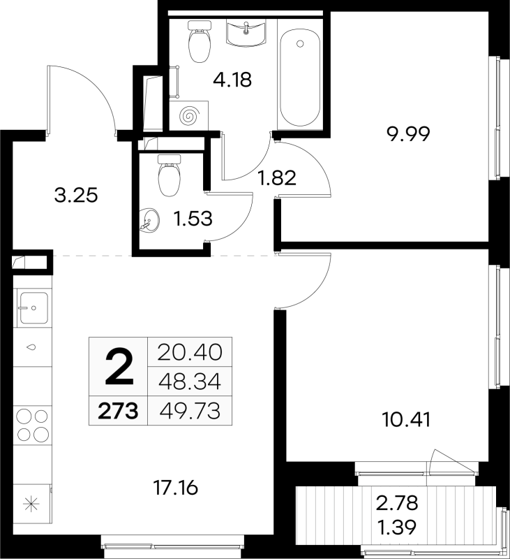 3-комнатная (Евро) квартира, 48.8 м² в ЖК "Новоселье" - планировка, фото №1