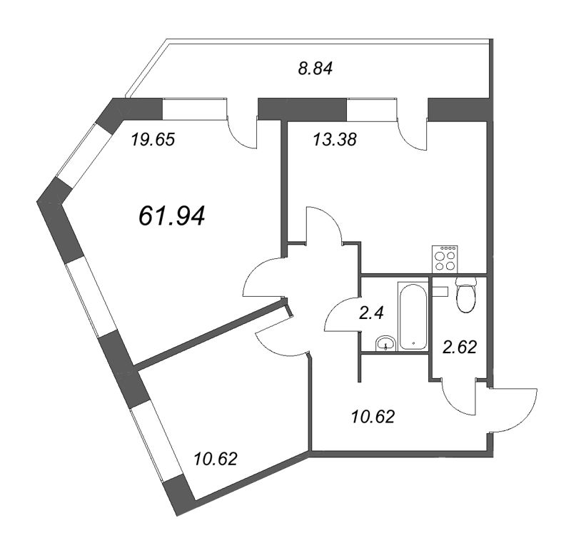 2-комнатная квартира, 61.94 м² - планировка, фото №1