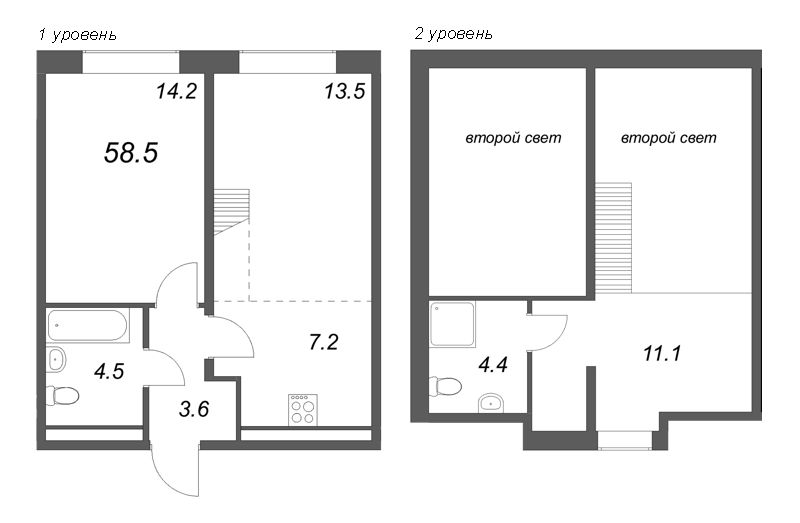 3-комнатная (Евро) квартира, 58.5 м² в ЖК "Пулково Lake" - планировка, фото №1