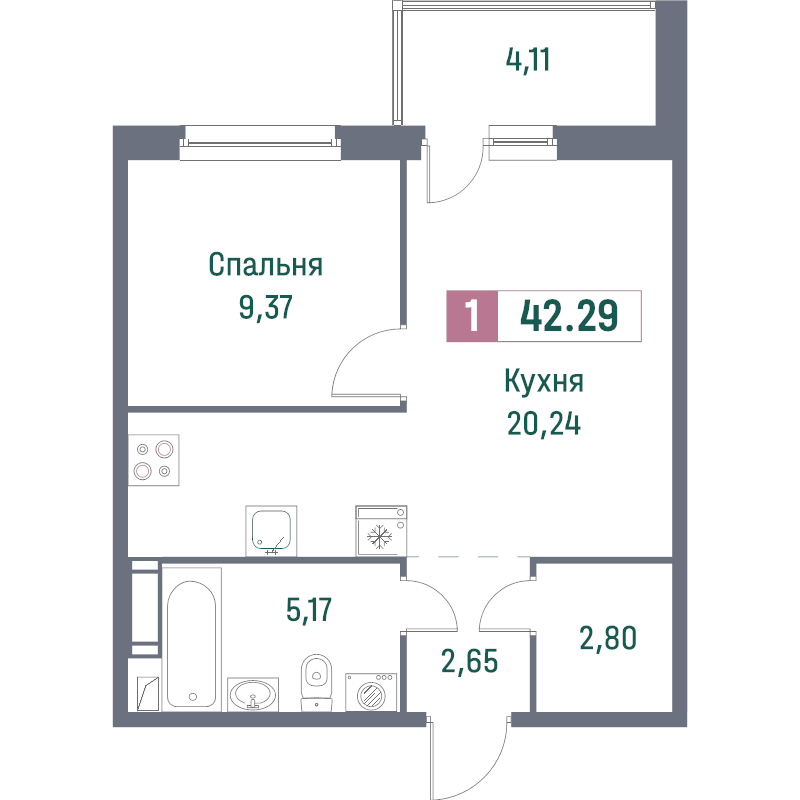 2-комнатная (Евро) квартира, 42.29 м² в ЖК "Фотограф" - планировка, фото №1