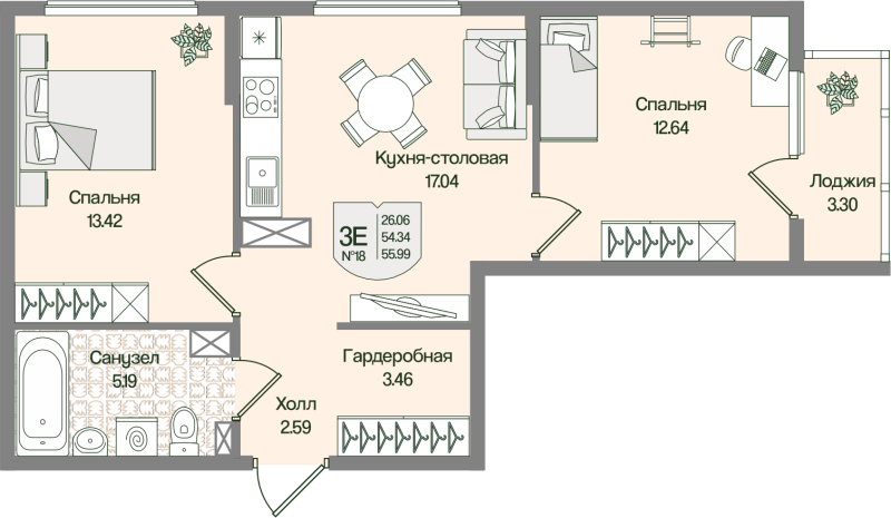 3-комнатная (Евро) квартира, 55.99 м² в ЖК "Охтинские высоты" - планировка, фото №1