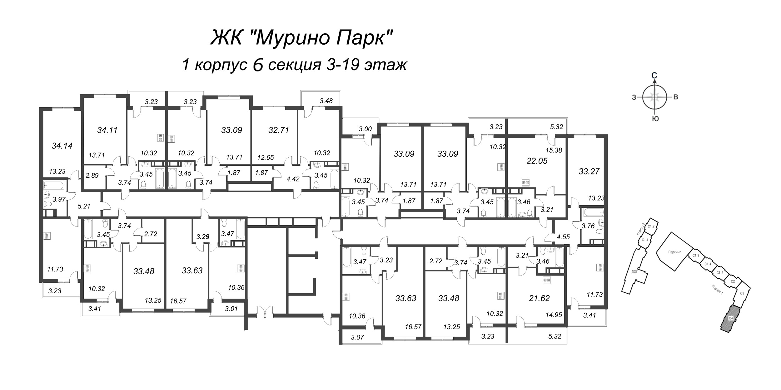 1-комнатная квартира, 34.71 м² в ЖК "Мурино Парк" - планировка этажа