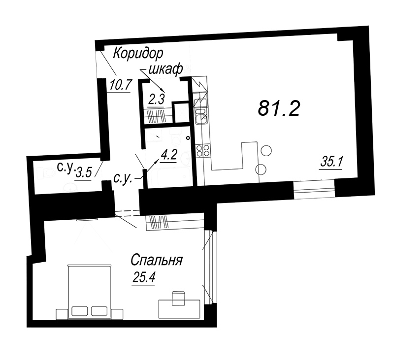 1-комнатная квартира, 81.3 м² - планировка, фото №1
