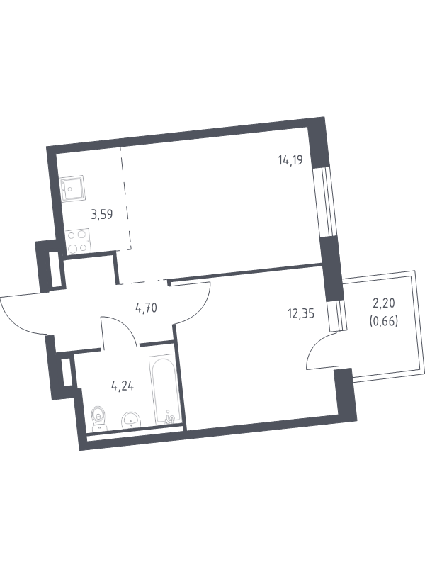 2-комнатная (Евро) квартира, 39.73 м² в ЖК "Квартал Лаголово" - планировка, фото №1