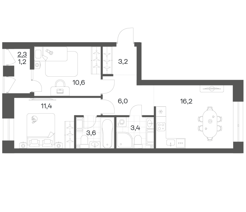 3-комнатная (Евро) квартира, 55.59 м² в ЖК "Новый Питер" - планировка, фото №1