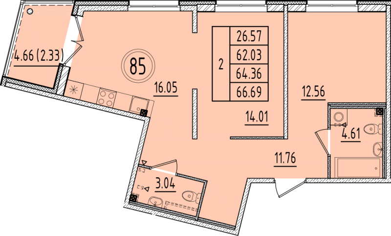 3-комнатная (Евро) квартира, 62.03 м² в ЖК "Образцовый квартал 6.4" - планировка, фото №1