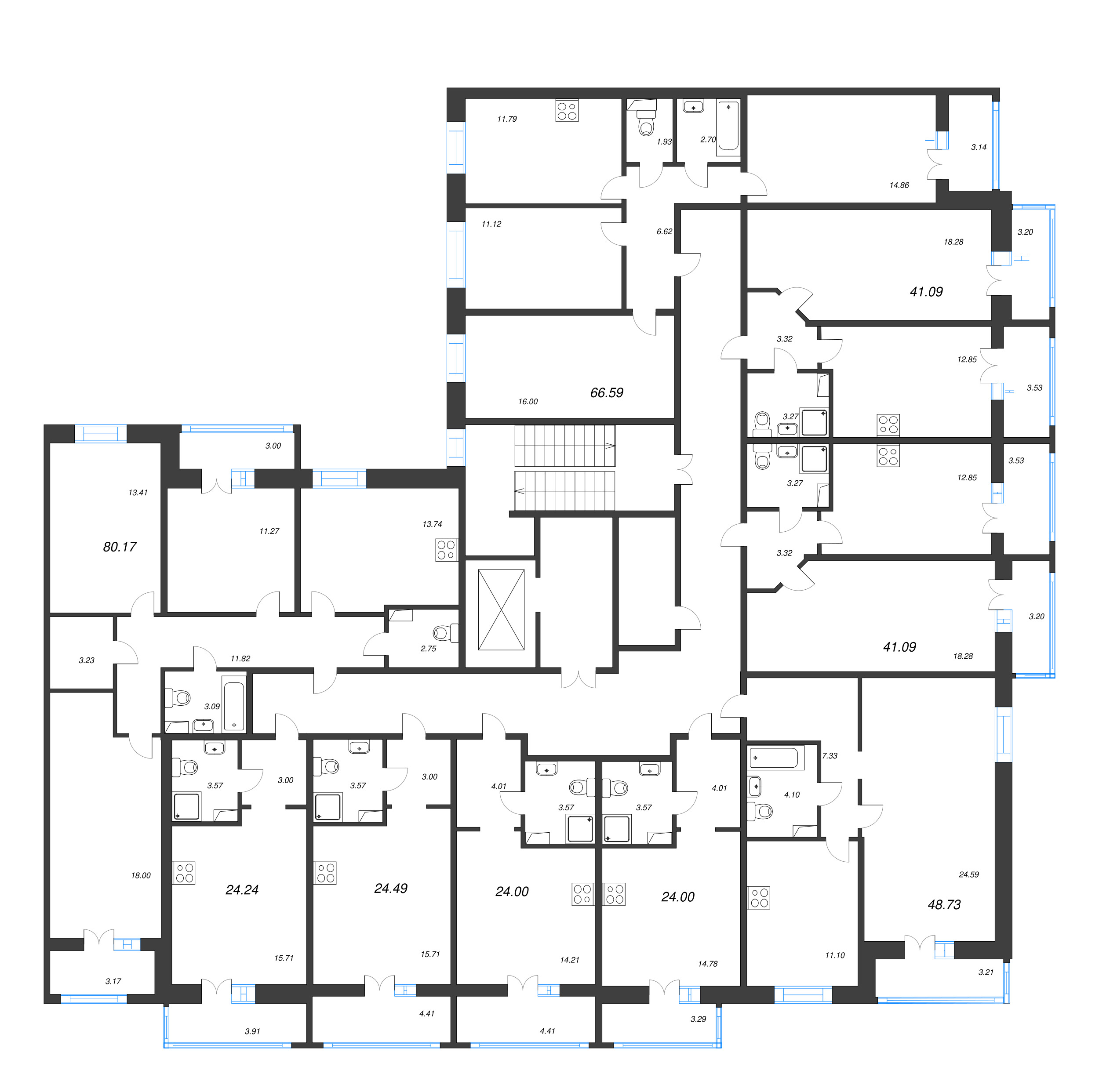 3-комнатная квартира, 66.59 м² в ЖК "Рождественский квартал" - планировка этажа