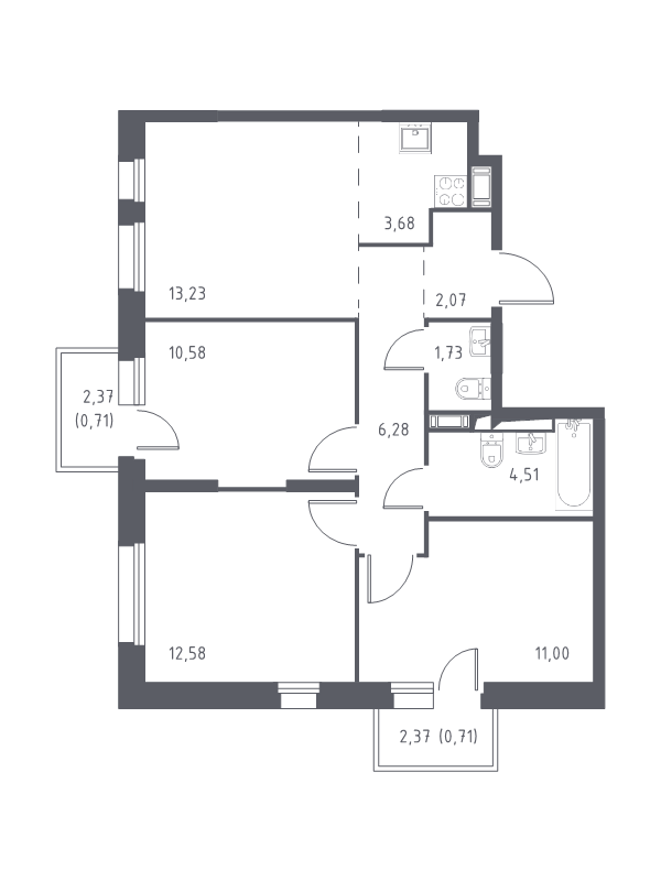 4-комнатная (Евро) квартира, 67.08 м² в ЖК "Новые Лаврики" - планировка, фото №1