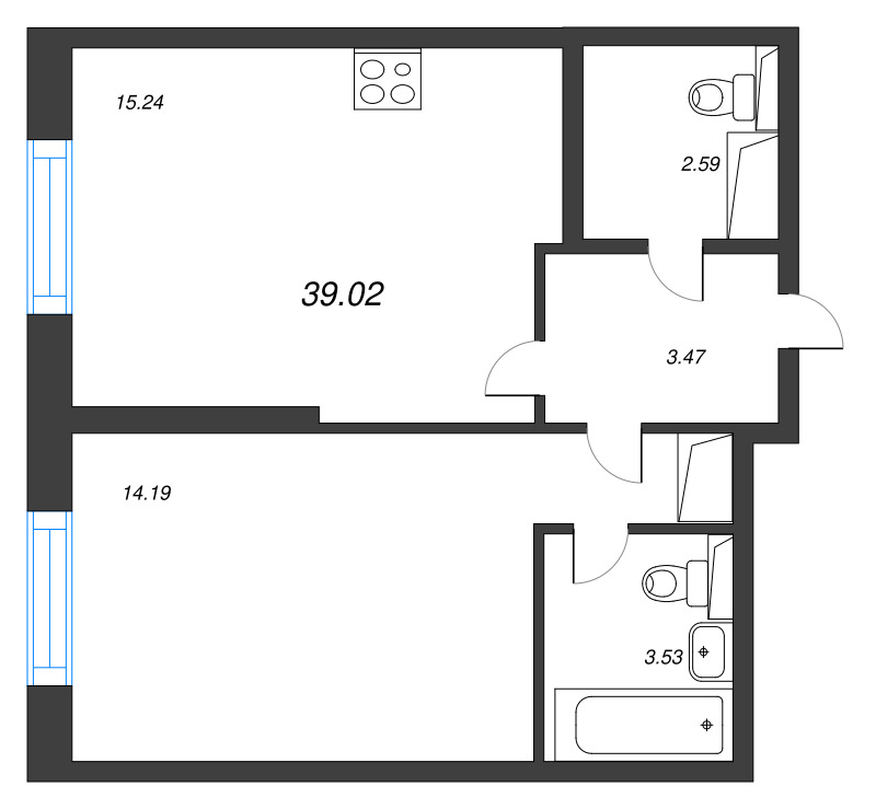 2-комнатная (Евро) квартира, 39.02 м² - планировка, фото №1