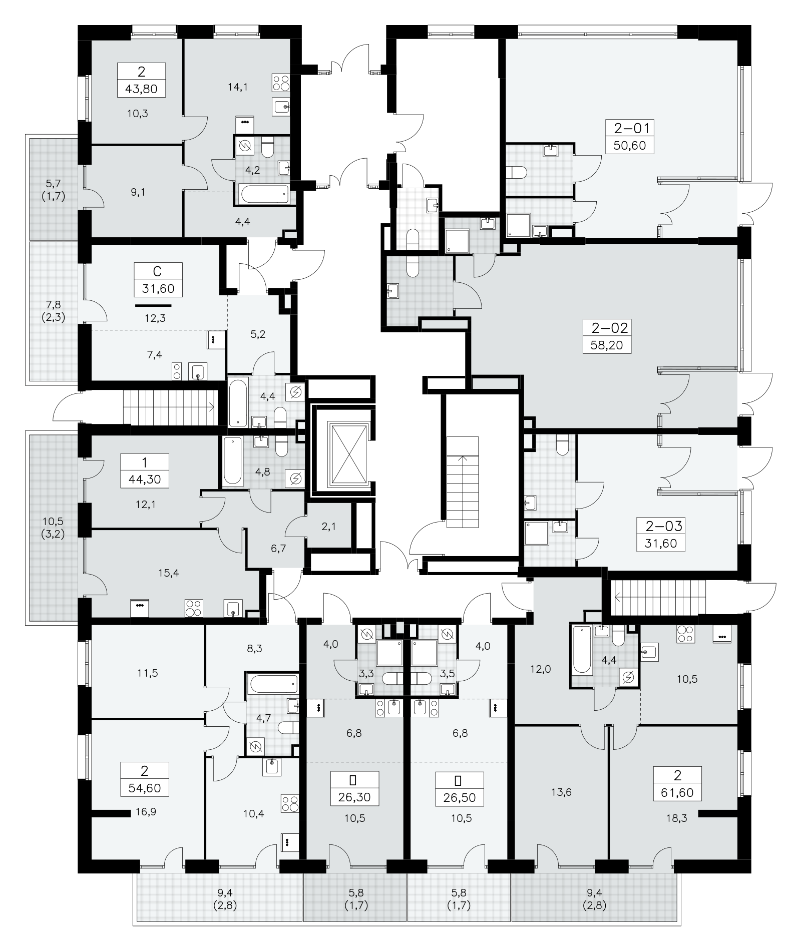 2-комнатная квартира, 43.8 м² - планировка этажа