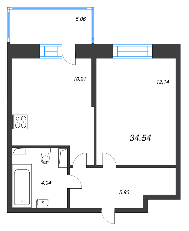 1-комнатная квартира, 34.54 м² в ЖК "Аквилон Stories" - планировка, фото №1