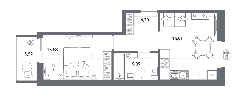 2-комнатная (Евро) квартира, 44.9 м² в ЖК "Респект" - планировка, фото №1