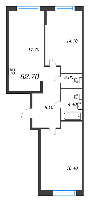 3-комнатная (Евро) квартира, 62.7 м² в ЖК "Ягодное Река Парк" - планировка, фото №1
