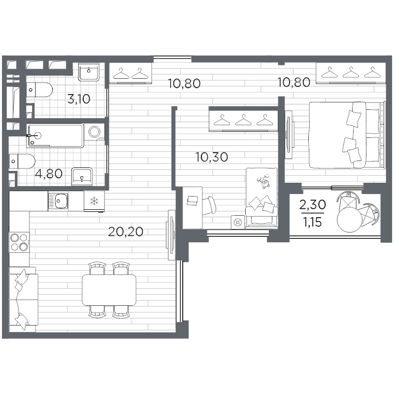 3-комнатная (Евро) квартира, 61.15 м² в ЖК "PLUS Пулковский" - планировка, фото №1
