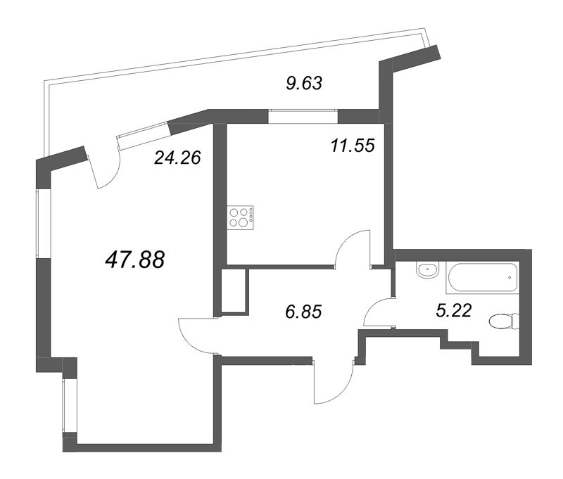 1-комнатная квартира, 47.88 м² - планировка, фото №1