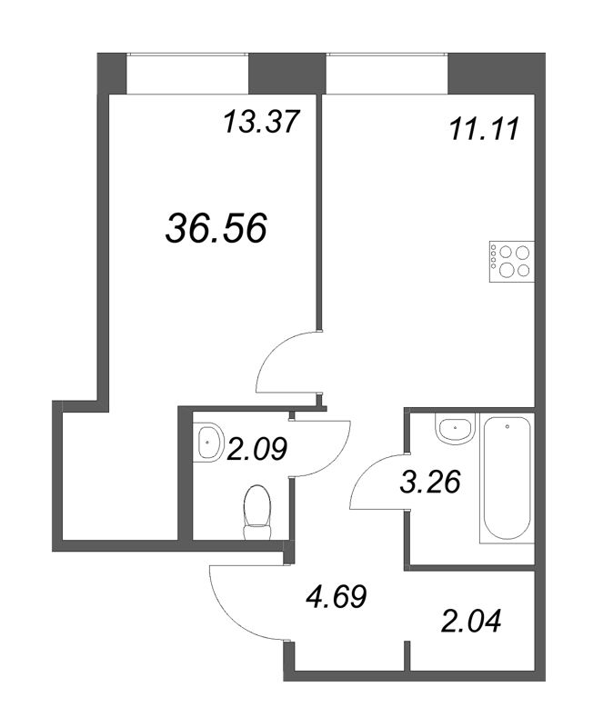 1-комнатная квартира, 36.56 м² - планировка, фото №1