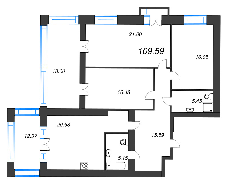 3-комнатная квартира, 107.8 м² - планировка, фото №1