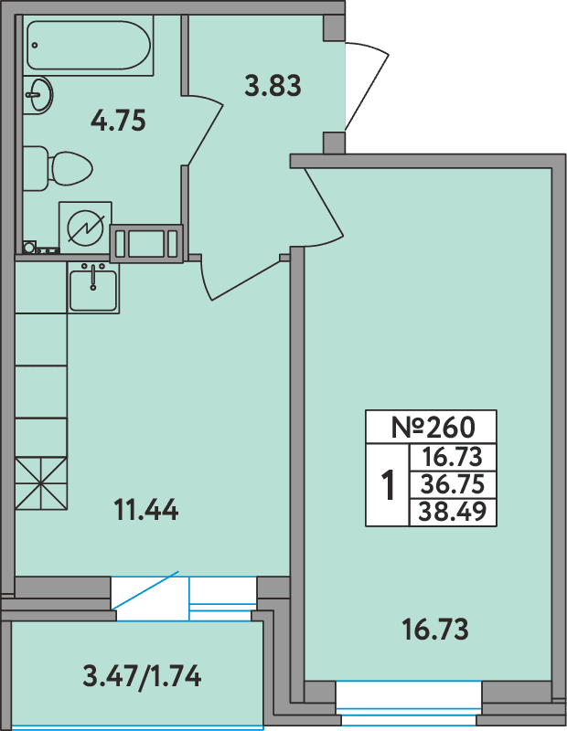 1-комнатная квартира, 38.4 м² в ЖК "Удача (Вита)" - планировка, фото №1