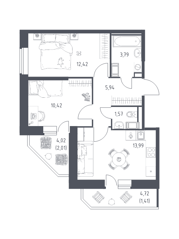 2-комнатная квартира, 51.55 м² в ЖК "Живи! В Рыбацком" - планировка, фото №1