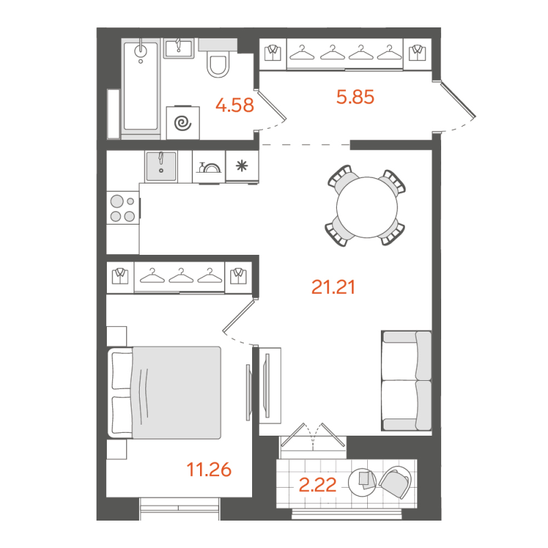 2-комнатная (Евро) квартира, 44.01 м² в ЖК "STAVNI Обводный" - планировка, фото №1