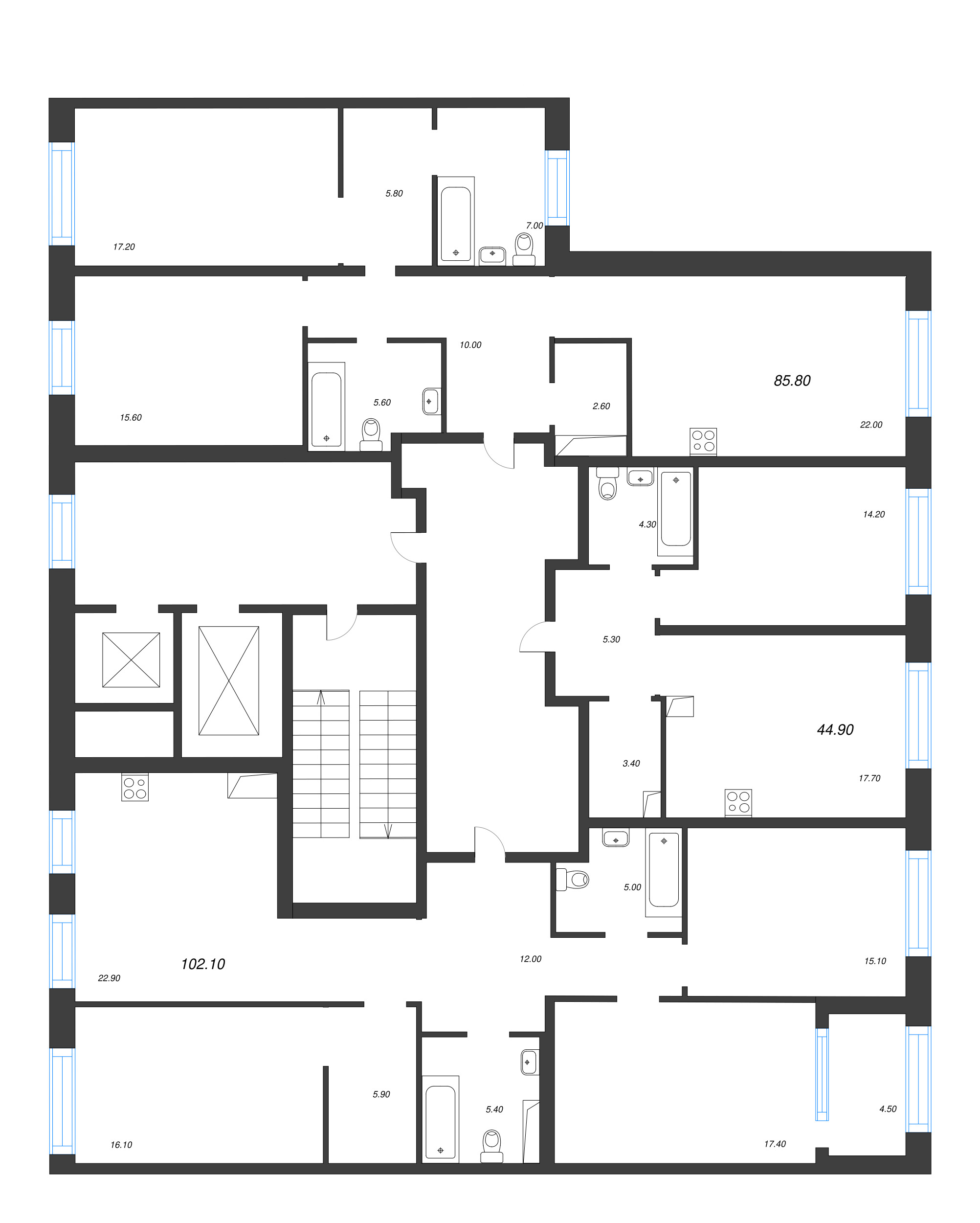 3-комнатная (Евро) квартира, 85.8 м² в ЖК "ЛДМ" - планировка этажа