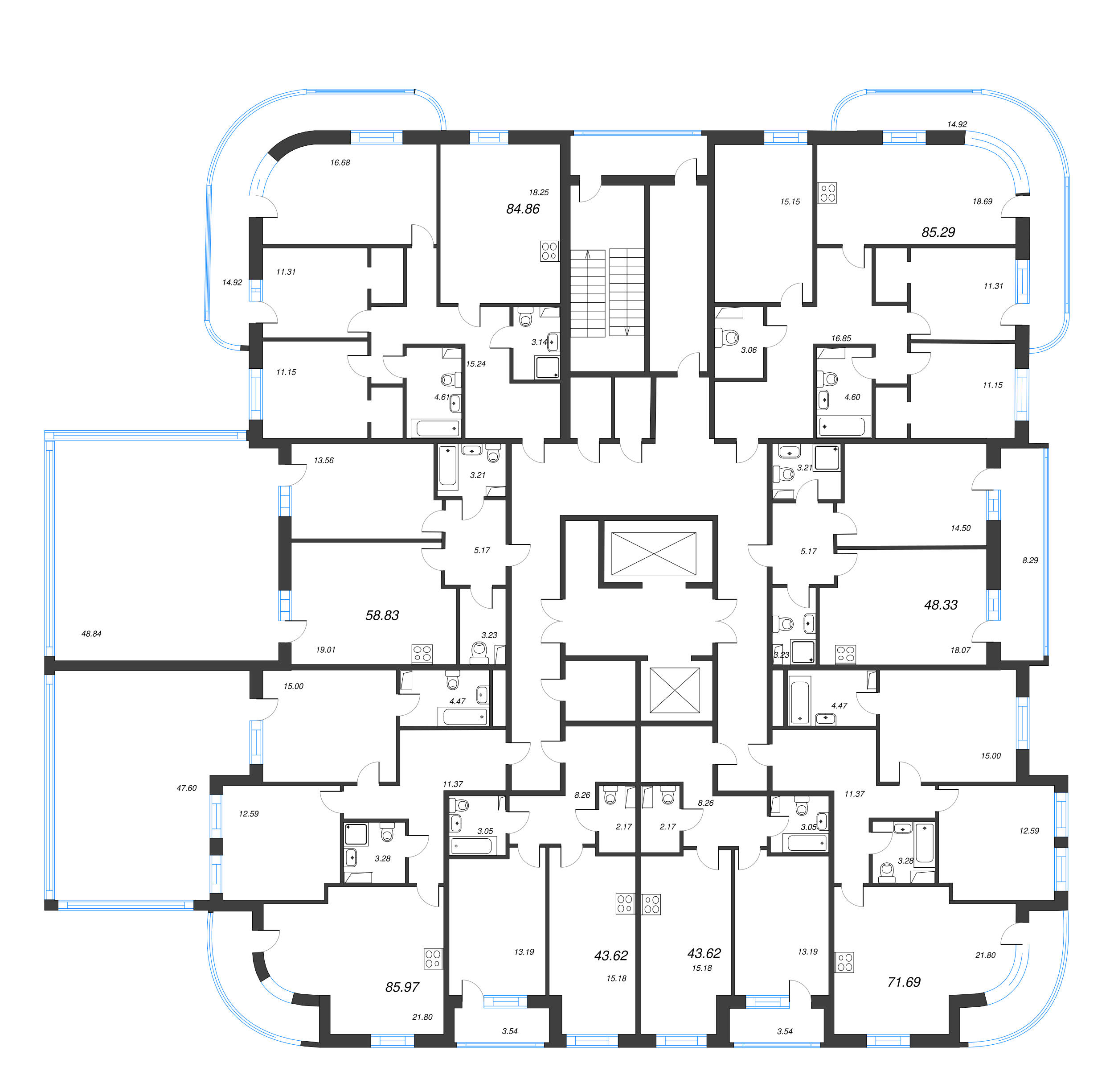 3-комнатная (Евро) квартира, 85.97 м² - планировка этажа