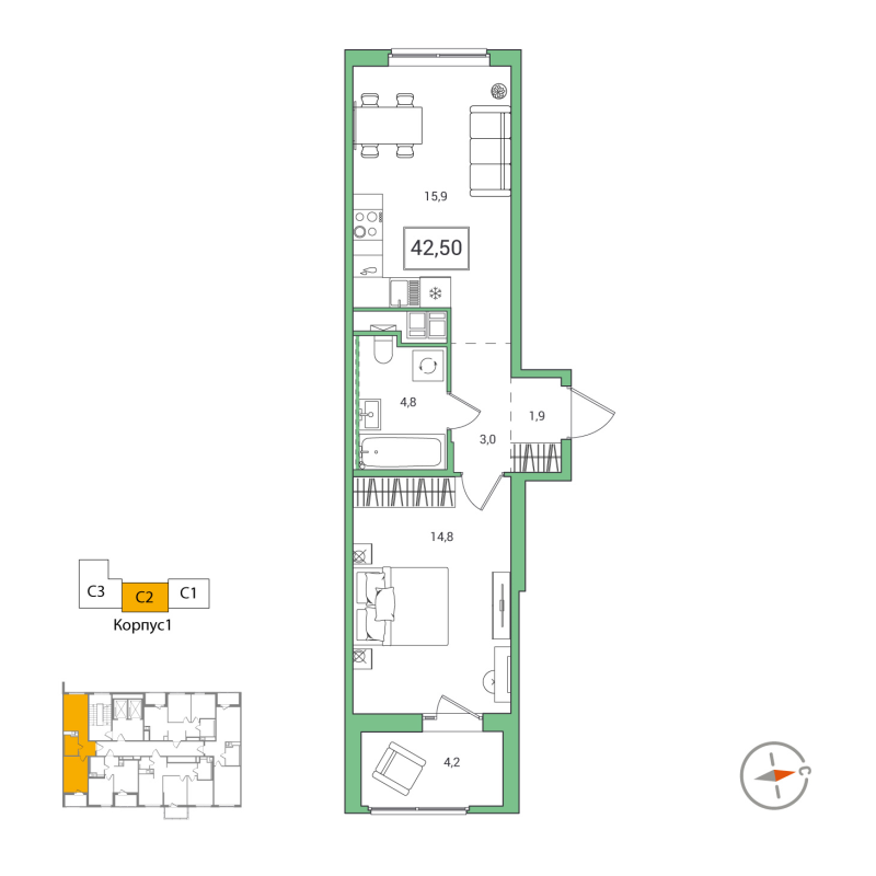 2-комнатная (Евро) квартира, 42.5 м² - планировка, фото №1