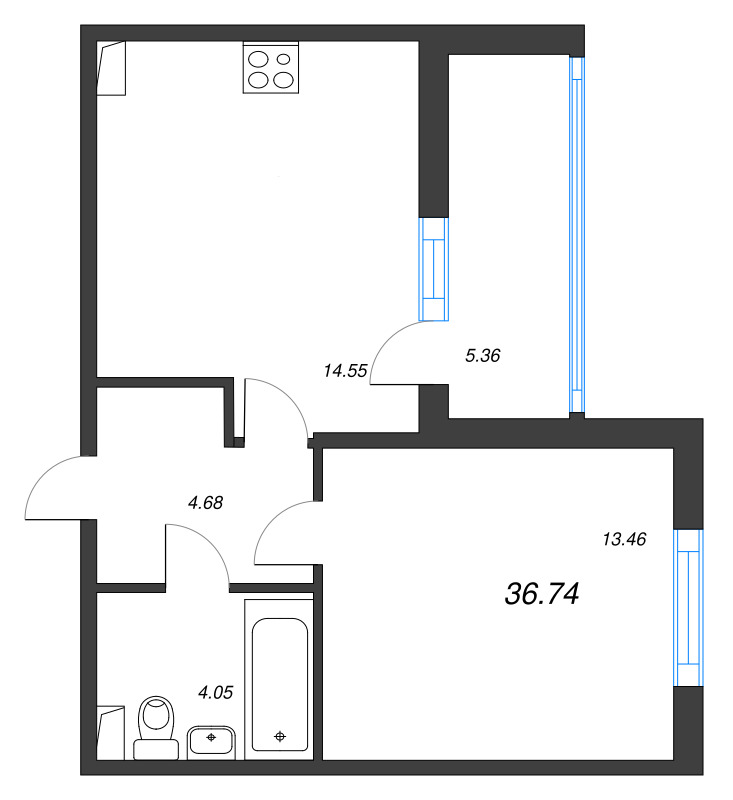 1-комнатная квартира, 36.74 м² в ЖК "Любоград" - планировка, фото №1