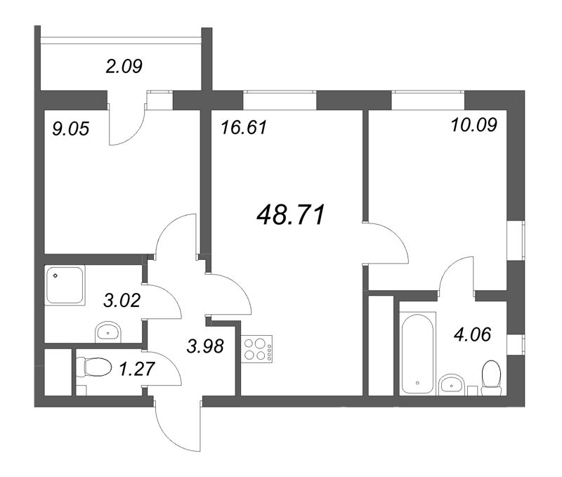 3-комнатная (Евро) квартира, 48.71 м² - планировка, фото №1