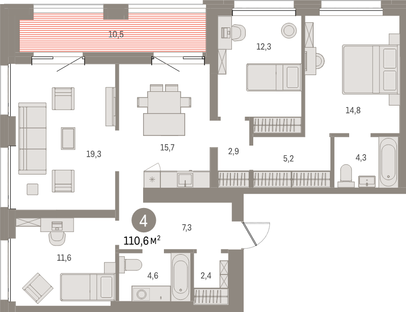 5-комнатная (Евро) квартира, 110.6 м² в ЖК "Северный ветер" - планировка, фото №1