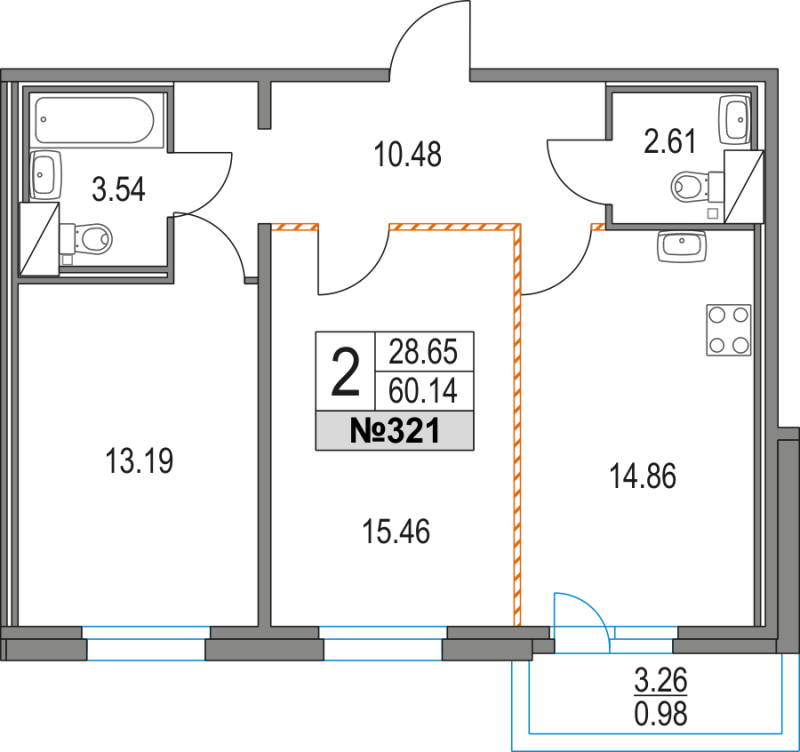 2-комнатная квартира, 60.14 м² в ЖК "Приморский квартал" - планировка, фото №1