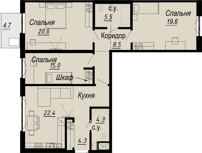 4-комнатная (Евро) квартира, 104.07 м² - планировка, фото №1