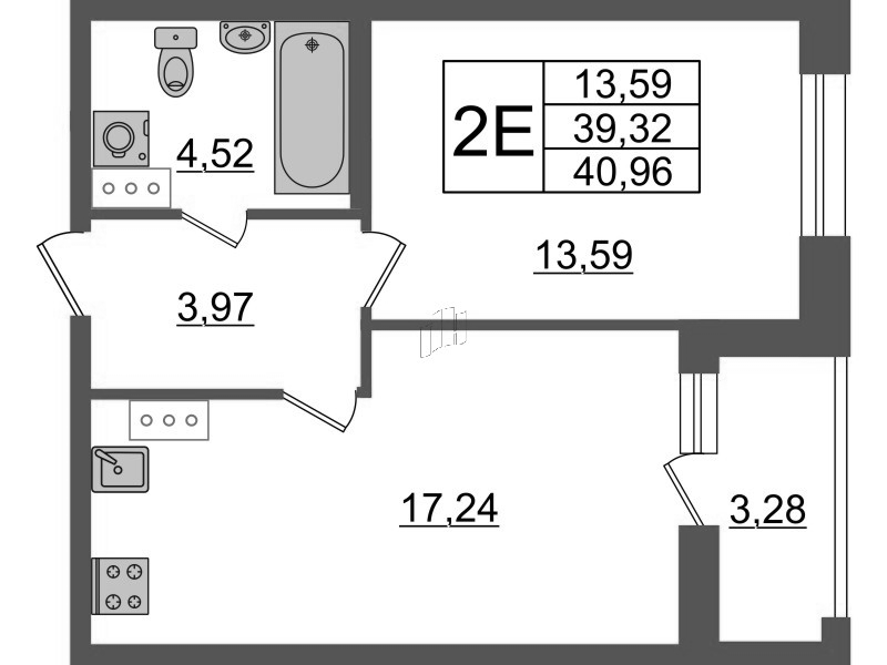 2-комнатная (Евро) квартира, 40.96 м² - планировка, фото №1 2-комнатная (Евро) квартира, 40.96 м² - планировка, фото №1