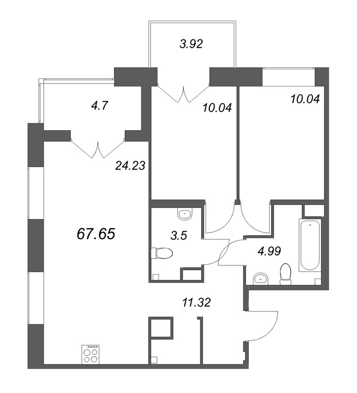 3-комнатная (Евро) квартира, 67.65 м² в ЖК "Ранта Резиденс" - планировка, фото №1