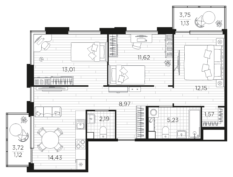 3-комнатная квартира, 71.41 м² в ЖК "PLUS Пулковский" - планировка, фото №1