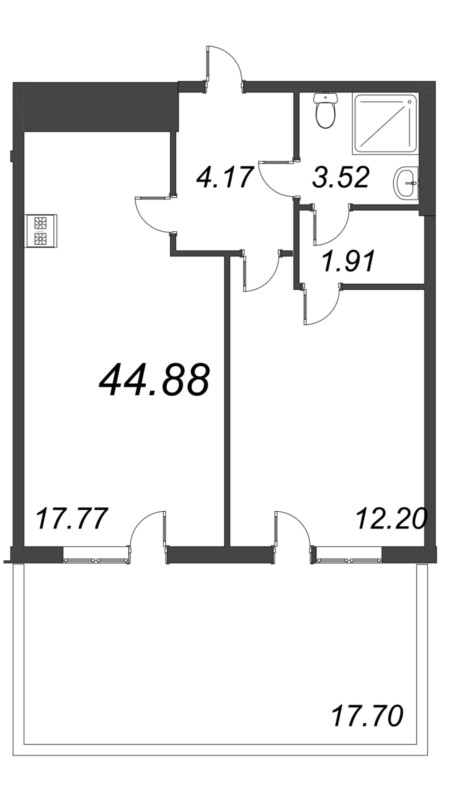 2-комнатная (Евро) квартира, 44.88 м² в ЖК "Bereg. Курортный" - планировка, фото №1