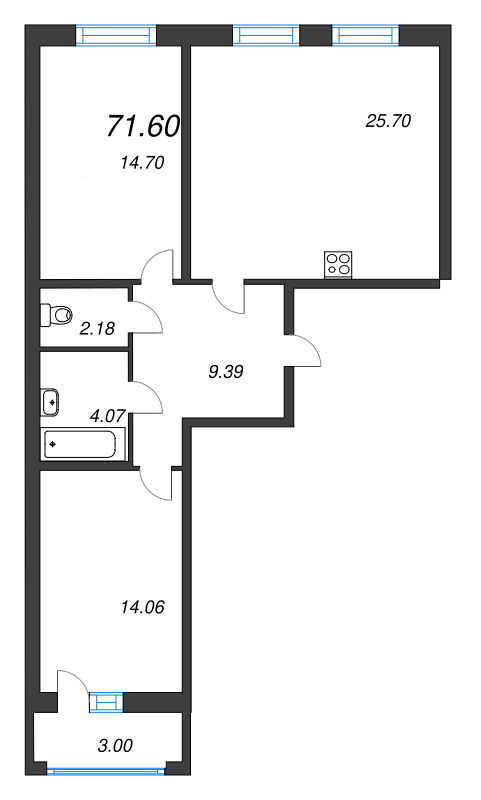 3-комнатная (Евро) квартира, 71.6 м² - планировка, фото №1