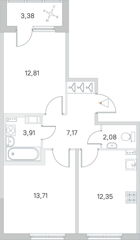 2-комнатная квартира, 52.03 м² в ЖК "Любоград" - планировка, фото №1