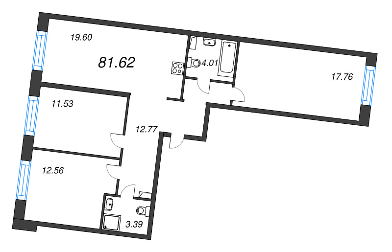 4-комнатная (Евро) квартира, 81.62 м² в ЖК "Остров Первых" - планировка, фото №1