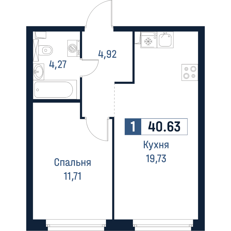 2-комнатная (Евро) квартира, 40.63 м² в ЖК "Максималист" - планировка, фото №1