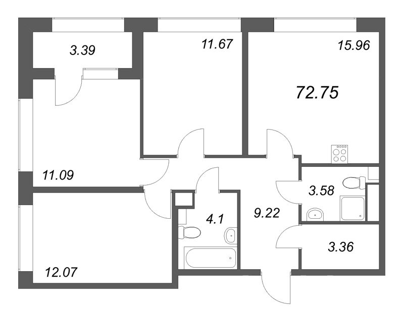 4-комнатная (Евро) квартира, 72.75 м² в ЖК "Аурум" - планировка, фото №1