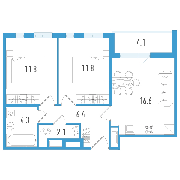 3-комнатная (Евро) квартира, 55.1 м² в ЖК "Аэросити" - планировка, фото №1