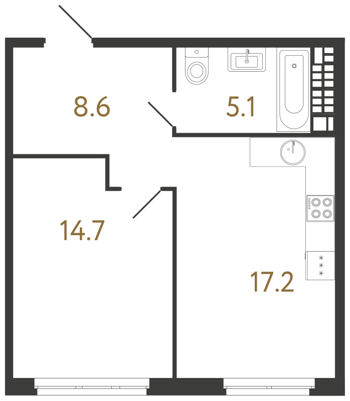 2-комнатная (Евро) квартира, 45.6 м² в ЖК "Визионер" - планировка, фото №1