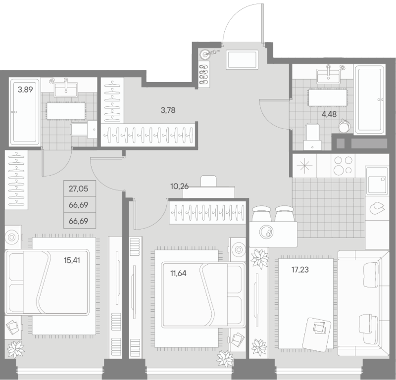 3-комнатная (Евро) квартира, 66.69 м² - планировка, фото №1