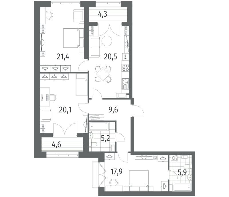 4-комнатная (Евро) квартира, 105.8 м² - планировка, фото №1